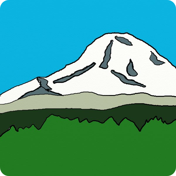 Drawing of Mt. Hood with trees in the foreground. 