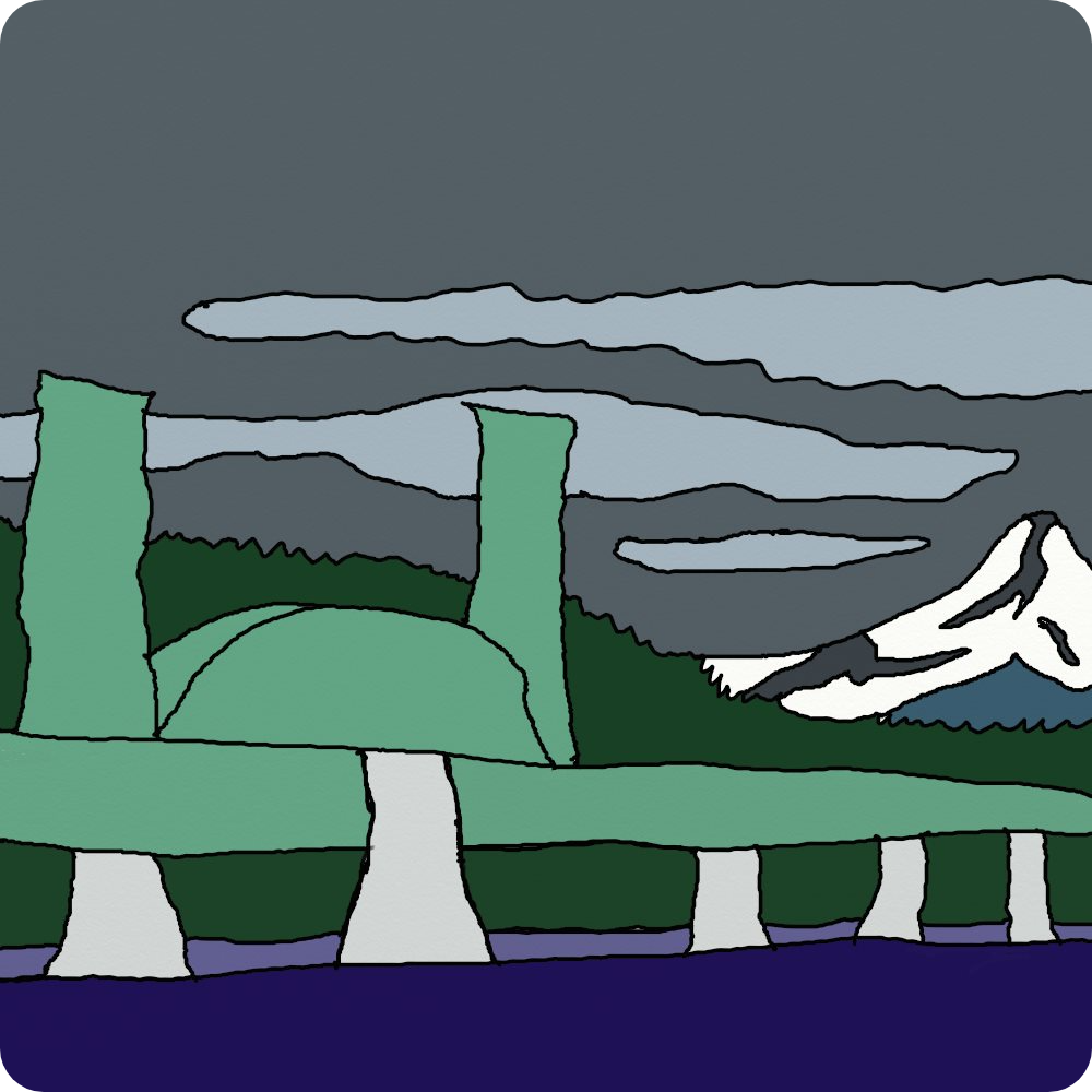 Drawing of the Hood River bridge on a cloudy day. mt. Hood is in the background. 