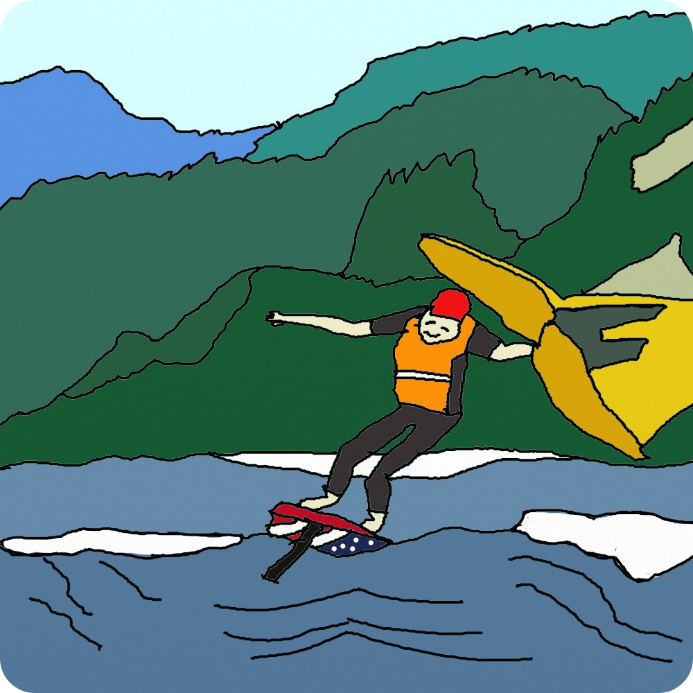 Drawing of Chris Anderson wing foiling in the Columbia Gorge. 