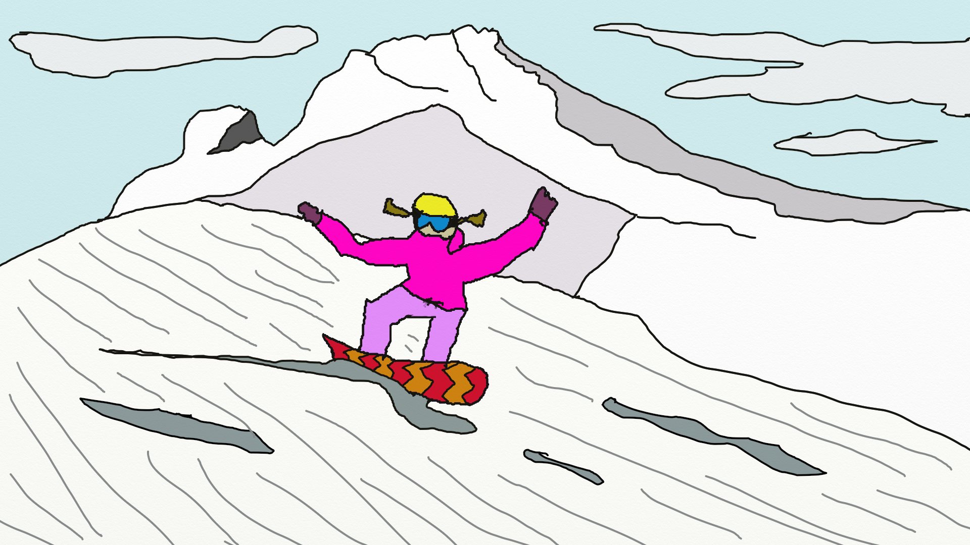 a drawing of a snowboarder at timberline