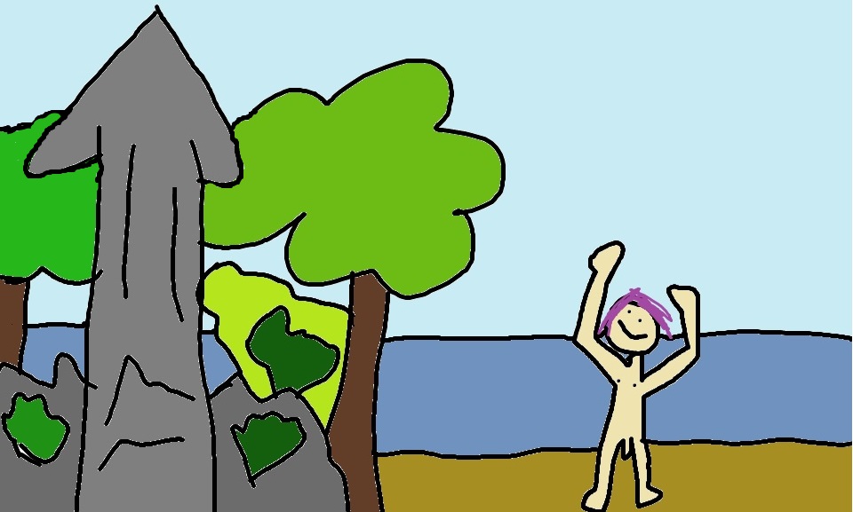 a drawing of rooster rock, aka iwash rock, with a naked person with pink hair