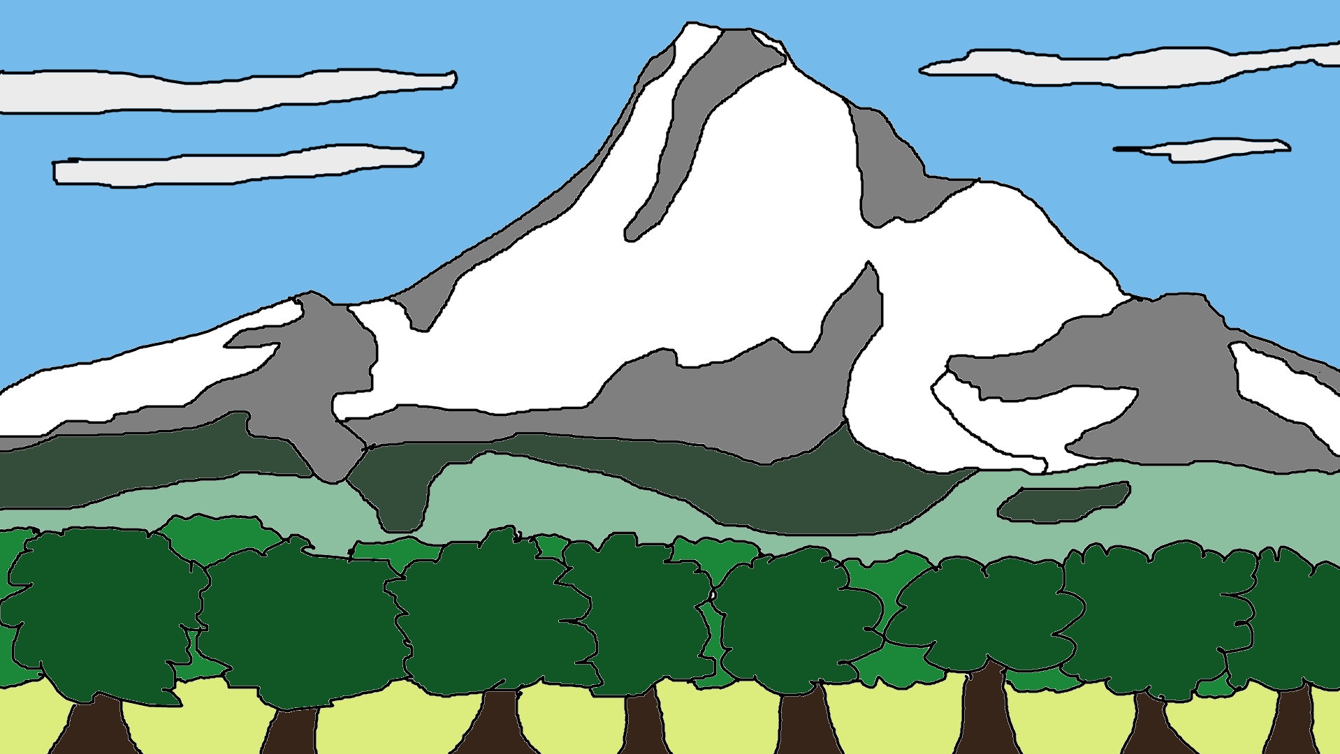 A drawing of Mt. Hood from Parkdale, Oregon. Mt. Hood is an 11,249' volcanic peak that hosts six ski areas. It's about 60 miles from Portland and 70 miles from Vancouver, Washington.