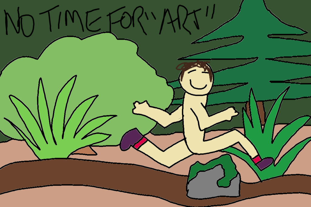 a drawing of forecaster Temira running nude through the woods