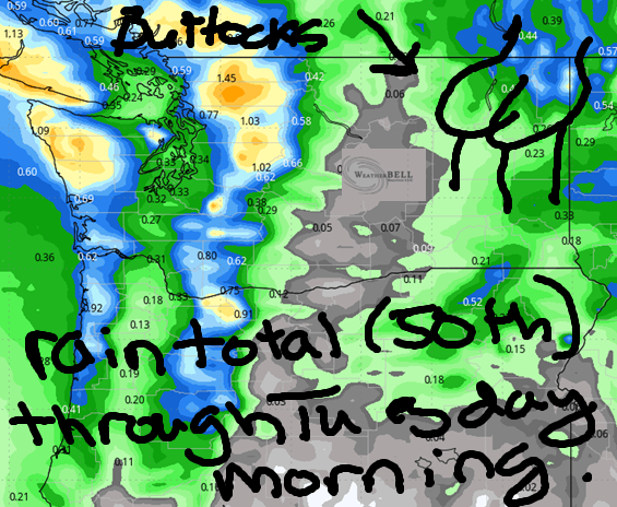 Gorge weather forecast - precipitation 50th percentile through tuesday morning. Drawing of buttocks in upper right corner.