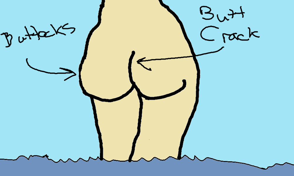 a drawing of the naked backside of someone standing in water on a blue-sky day