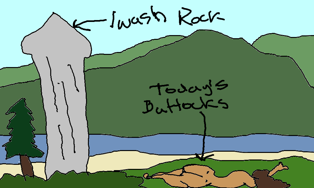 A drawing of a brown-skinned person tanning naked near Iwash (Rooster) Rock in the Columbia Gorge