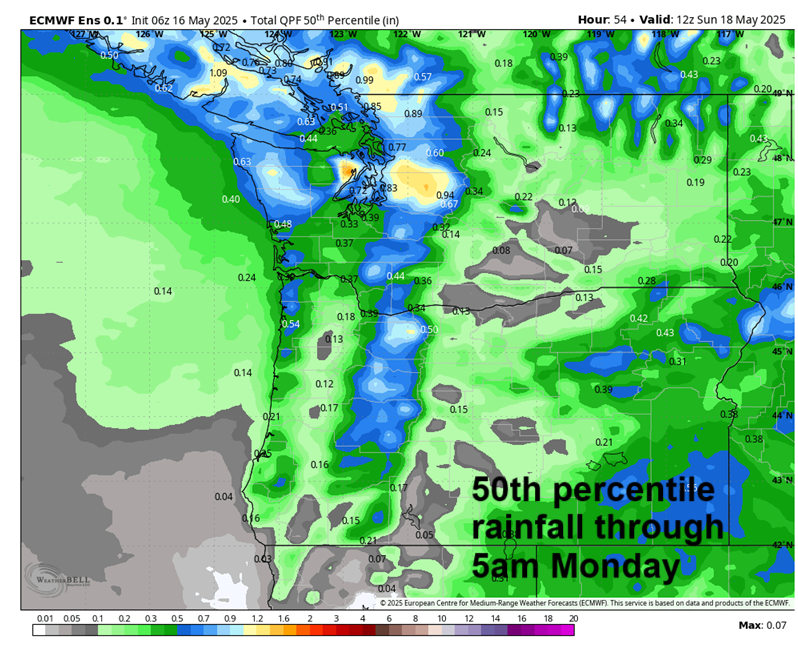 Euro 50th percentile rainfall through this weekend. Approximately 0.3" to 0.4" on the west side and a trace to 0.1" to the east.